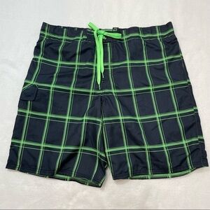OP lined swim trunks black & green plaid side pocket flat front elastic back XL 